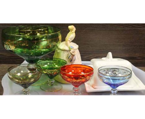 20TH CENTURY DECORATIVE GLASS DESSERT SERVICE
comprising serving bowl and five dessert bowls; together with a cheese dish and