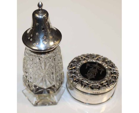 SILVER TOPPED CUT GLASS SUGAR CASTOR AND A SILVER TRINKET BOX
both with London hallmarks, the trinket box with tortoiseshell 