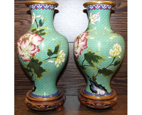 PAIR OF CLOISONNE ENAMEL VASES WITH HARDWOOD STANDS
26cm high overall