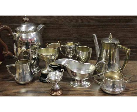 SILVER PLATED THREE PIECE TEA SERVICE 
together with other silver plated wares including trophies 