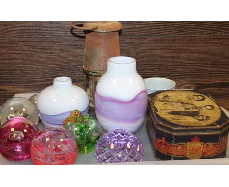COLLECTION OF EIGHT CAITHNESS GLASS PAPER WEIGHTS AND VASES
mixed designs; together with a Coronation teacup, a miners style 