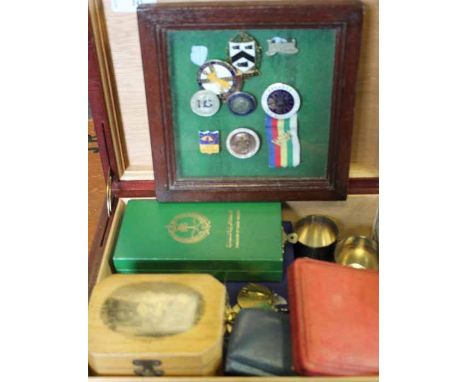 LOT OF MIXED JEWELLERY, COINS AND MEDALS
including costume jewellery, chains, coins, mauchline trinket box, Cambridge sports 