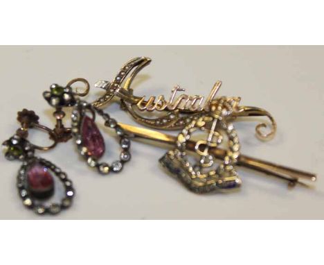 GROUP OF VARIOUS JEWELLERY
including a gold Army Medical Corps brooch, a gold Australia bar brooch, ruby and diamond stud ear