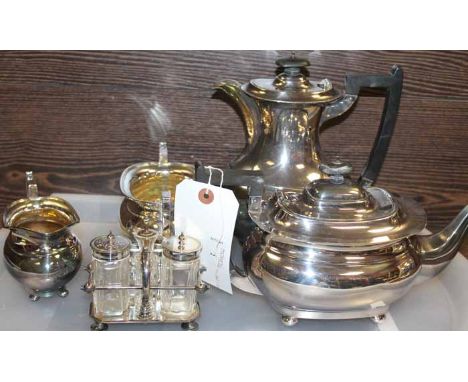 SILVER PLATED FOUR PIECE TEA SERVICE 
comprising tea pot, water pot, sugar and cream; along with a plated and glass condiment