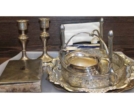 PAIR OF SILVER CANDLESTICKS, VARIOUS PLATED WARE AND A COCONUT TEA SET
the candlesticks hallmarked for Saunders & Shepherd, B