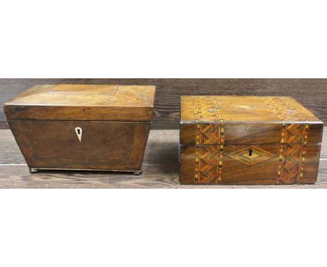 EARLY 19TH CENTURY VICTORIAN SARCOPHAGUS-SHAPED TEA CADDY
26cm long; together with a mahogany inlaid hinged box, 24.5cm long 