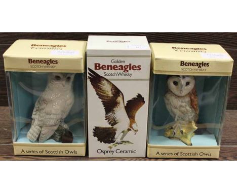 THREE BENEAGLES CERAMIC BIRD OF PREY DECANTERS
including an Ospery, Snowy Owl and a Barn Owl decanter, all in original boxes 
