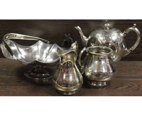 SILVER PLATED THREE PIECE TEA SERVICE
together with a silver plated basket and novelty ornament in the form of of a stag