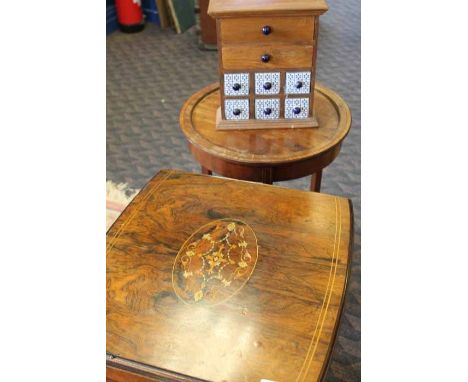 LATE VICTORIAN ROSEWOOD SMALL SOFA TABLE
with two folding leaves and inlaid marquetry top, on brass castors, 44cm wide; toget