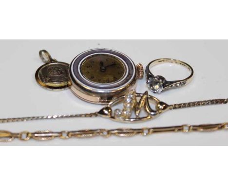 COLLECTION OF GOLD AND COSTUME JEWELLERY
including a nine carat gold bracelet, lady's fob watch with guilloche enamel dial an