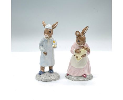 Glossy porcelain Bunnykins duo that includes: Wee Willie Winkie from the Nursery Rhymes Series c. 2002, on a pale blue and wh