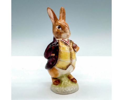 Hand-painted porcelain figurine modeled as Mr. Benjamin Bunny, a handsome brown rabbit dressed in a dark brown coat and yello