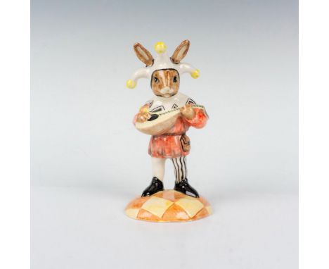 Unusual variation; figure of jester Bunnykins wearing a red and white costume with one striped leg and yellow pompoms. He pla