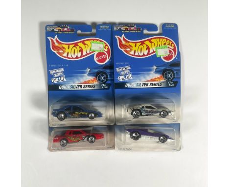 A complete set of the Quicksilver Series Hot Wheels consisting of the Chevy Stocker (1 of 4), the Aeroflash (2 of 4), the Fer