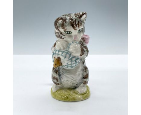 Glossy porcelain, features a little cat with a soft pink bow holding a blue striped handkerchief with a little mouse. Royal A