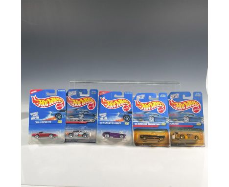 A set of 5 Hot Wheels toy cars that include the '80s Corvette (Collector #503), the '65 Mustang Convertible (Collector #455),