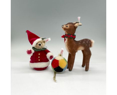 Roly poly mohair bear dressed as Santa, 3.5"L x 2.75"W x 6"H; includes original box, 5"L x 3.5"W x 10.75"H. Young brown deer,