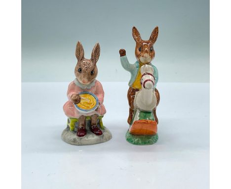 Glossy porcelain Bunnykins duo, includes: Tally Ho Bunnykins on a light blue coat and yellow sweater, signed by A. Wright on 