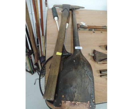 A vintage ice axe, peat spade and 2 badminton raquets