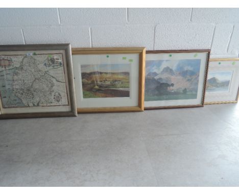 A framed map of Westmorland and selection of Lake District prints