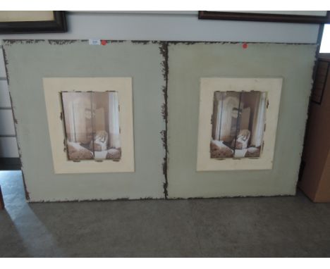 A pair of vintage style prints in distressed wood mounts and frames