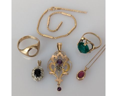 An Edwardian gold-framed pendant with amethyst and seed pearl decoration; a gem-set pendant and another on chain; two rings, 