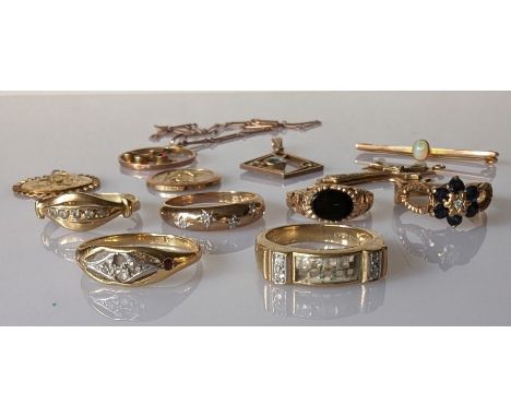 An 18ct yellow gold diamond cluster ring, 3g, one stone missing; five 9ct yellow gold gem-set rings, one with stones missing,