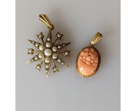 A Victorian-style gold star pendant with seed pearl decoration, 25mm and a carved oval coral pendant, 16 x 12mm, both hallmar