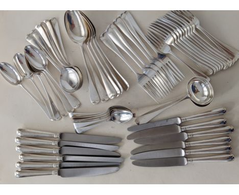 An assortment of late Victorian Hanoverian-style silver flatware to include a soup ladle, 34.5 cm, basting spoon, 30.5 cm,  s