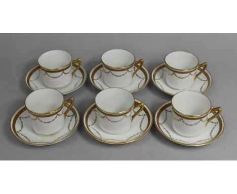 A 19th Century Porcelain Gilt and White Decorated Tea Set, Decorated with Swag and Greek Key Trim to Comprise Six Saucers, Si