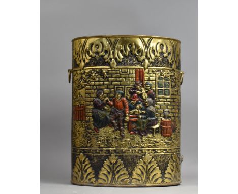 A Pressed Brass Oval Stick Stand decorated in relief with Tavern Scene, 49cms High (Missing Three Claw Feet) 