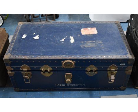A Vintage Travelling Trunk inscribed for Maj. Errington with Metal Mounts and National Rail Travelling Stickers Etc, Case wit