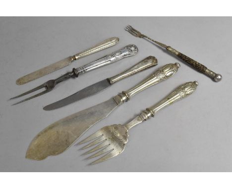 A Collection of Various Flatware to comprise Fish Servers, Silver Handled Carving Fork Etc 
