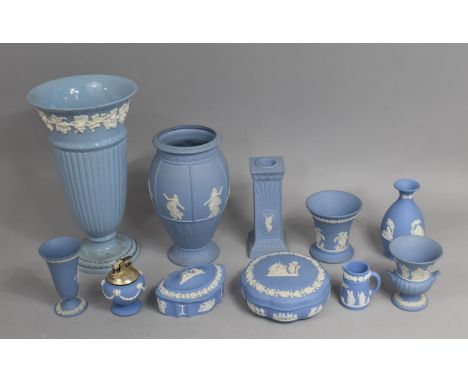 A Collection of Various Wedgwood Blue and White Jasperware to comprise Vase, Candlestick, Lidded Pot, Vases Etc together with