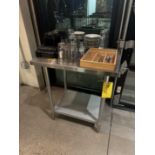 Stainless Steel Table (30" L x 2' W x 34" T) and Contents (All Photoed): Pint Glasses, Small Plates,