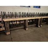 Wood Table with Railroad Rail Foot Rest, 23.5" W x 11' L x 41.5" T ***Rigging & Loading fee $150.