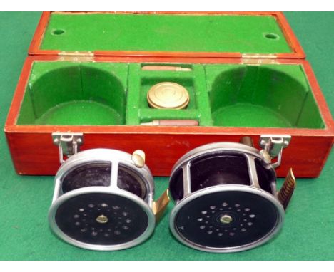 REELS & CASE: (3) Pair of Hardy Perfect alloy wide drum salmon fly reels in custom baize lined wood display case, 3.75" dia. 