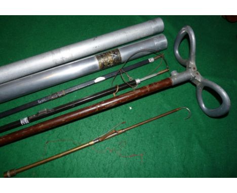 ACCESSORIES: (7) Early Hardy alloy rod tube,51" x1.75 with Hardy label to top, another similar 39" alloy tube, a Hardy black 