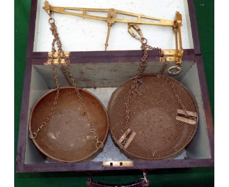 SCALES: Early set of portable brass fishing scales by Avery, Birmingham to weigh 2lbs, brass balance arm, mesh covered alloy 
