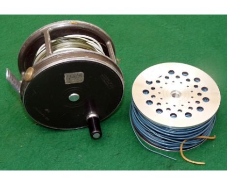 REEL & SPOOL: (2) Hardy Perfect 3.75" diameter wide drum alloy salmon fly reel, 1950's model with good grey enamel finish to 