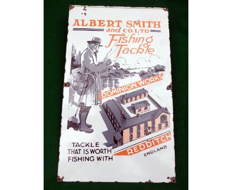 ENAMEL SIGN: Albert Smith & Co., Fishing Tackle Redditch enamel sign, 20"x12", coloured logo design to front, assorted chips 