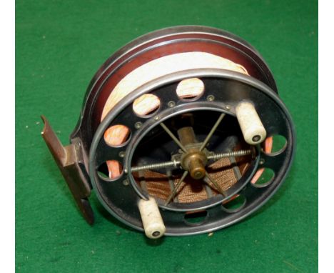 REEL: Fine early Allcock 4" 6 spoke alloy trotting reel, tension regulator, 1.1" between drum plates, crazed white handles, 6