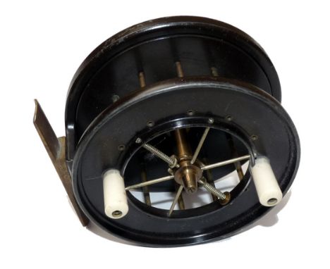 REEL: Fine Allcock's Aerial Popular wide drum trotting reel, 4" dia. finished in a factory dark brown black paint, twin ivori