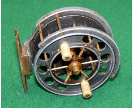 REEL: Fine early Allcock 3" wide drum Aerial trotting reel, 6 spoke with tension regulator, twin crazed handles, 8 large vent