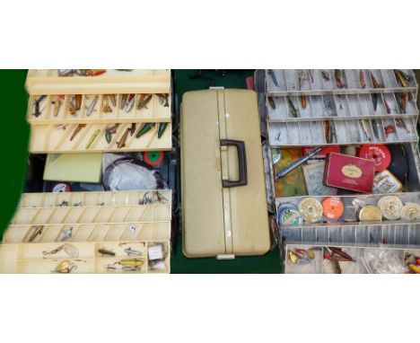 ACCESSORIES: Three large cantilevers tackle boxes in alloy and plastic by Abu & My Buddy USA combating assorted lures and mou