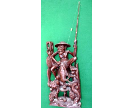 CARVED STATUE: Hand carved wooden statue depicting a Chinese?, fisherman with rod and line holding a carp,  2 x additional fi