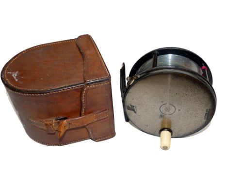REEL & CASE: Rare Hardy brass faced Perfect salmon fly reel, 4.75" diameter, brass winding plate steamed with Rod in Hand & s