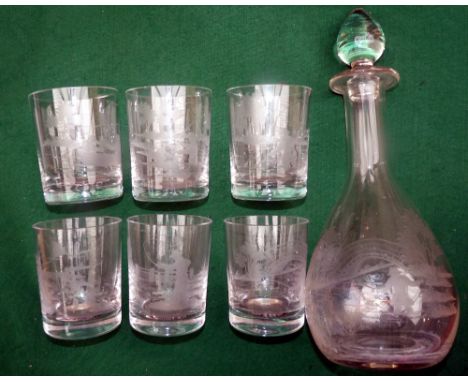 GLASSWARE: (7) Set of 6 engraved crystal whiskey glasses/tumblers 4" tall, and matching decanter 10" x5.5", all engraved with