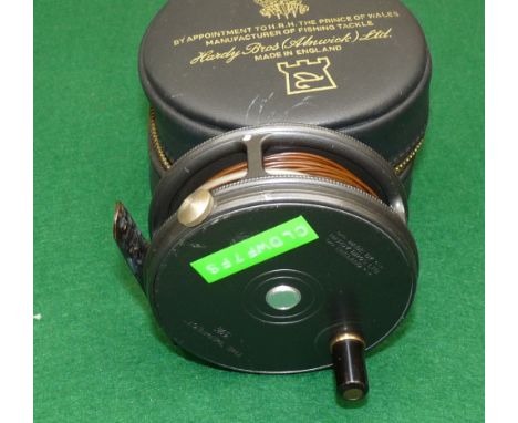 REEL: Hardy Perfect 3 1/8" alloy trout fly reel, black handle, rim tension regulator, correct ribbed brass foot, retains most