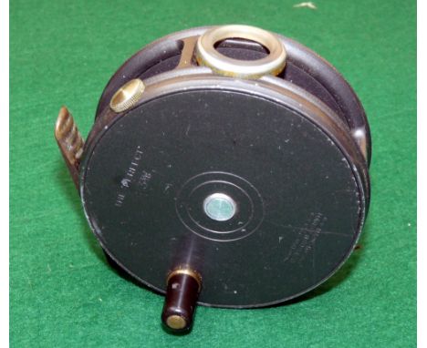 REEL: Fine Hardy Perfect 3 3/8" alloy trout fly reel, good smoke agate line guide, black handle, correct ribbed brass foot, r